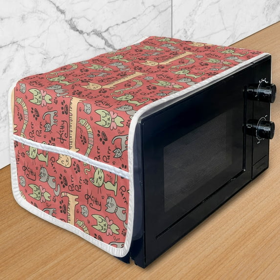 Cat Microwave Oven Cover, Pattern with Hand Drawn Style Cats Purr Purr Kitty Paws Bow Ties Doodle, Water Resistant Organizer with Pockets for Kitchen, 36" x 12", Multicolor, by Ambesonne