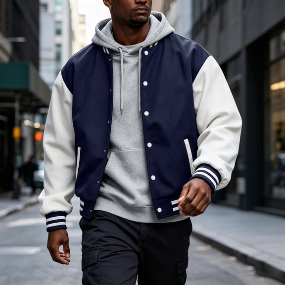 Men's Classic Baseball Jacket with Stand Collar and Snap Buttons - Retro College Style Bomber Coat for Casual Wear Navy XL