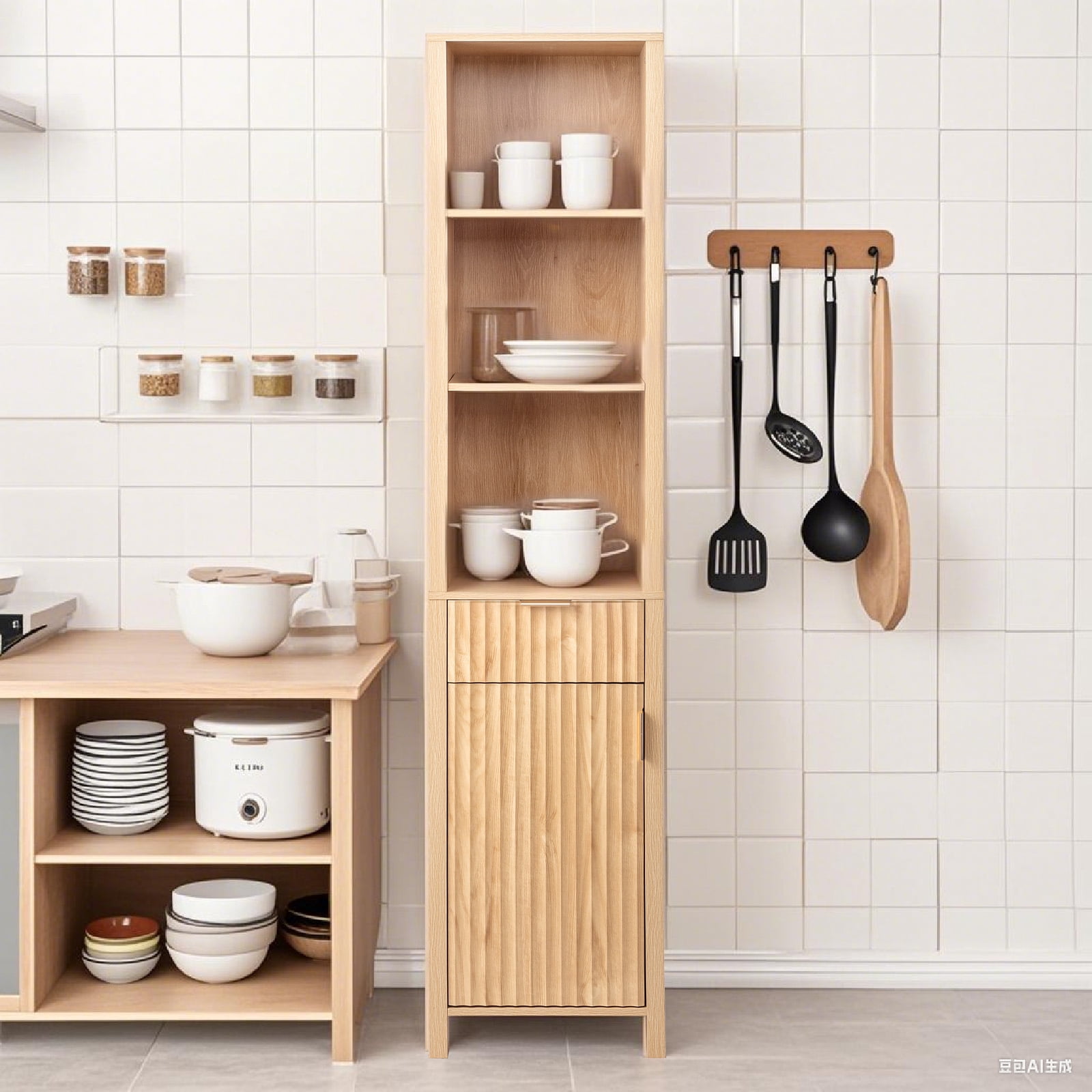 Ktaxon Fluted Bathroom Storage Cabinet Narrow Tall, Freestanding Cabinet Storage Tower with Grille Single Door and One Drawer, Oak