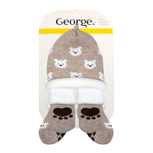 Conjunto George Niño 0 M Oso Café Gorrito, 1 Manoplas y 1 Par de Tines