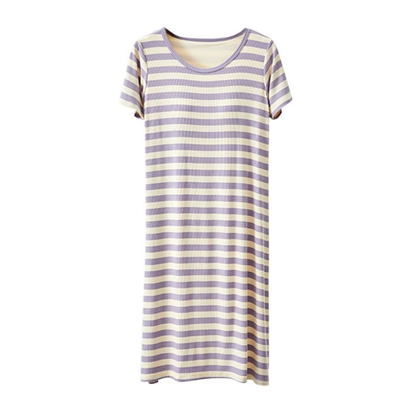 Kaemgyyd Sleep Shirts for Women Stylish Striped Short Sleeve Crew Neck Nightgowns Loose Fit Night Dress Built in Bra Soft Sleepwear
