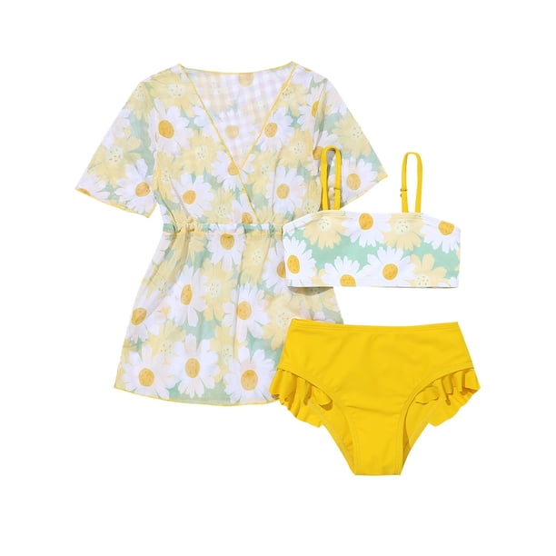 Odeerbi 4-8 Años Bikini de Tirantes Con Kimono Para Niñas Bañador Con Estampado de Margaritas Bañador Hawaiano Bañador Con Protección Solar Cintura Con Cordón Bañador de Tres Piezas