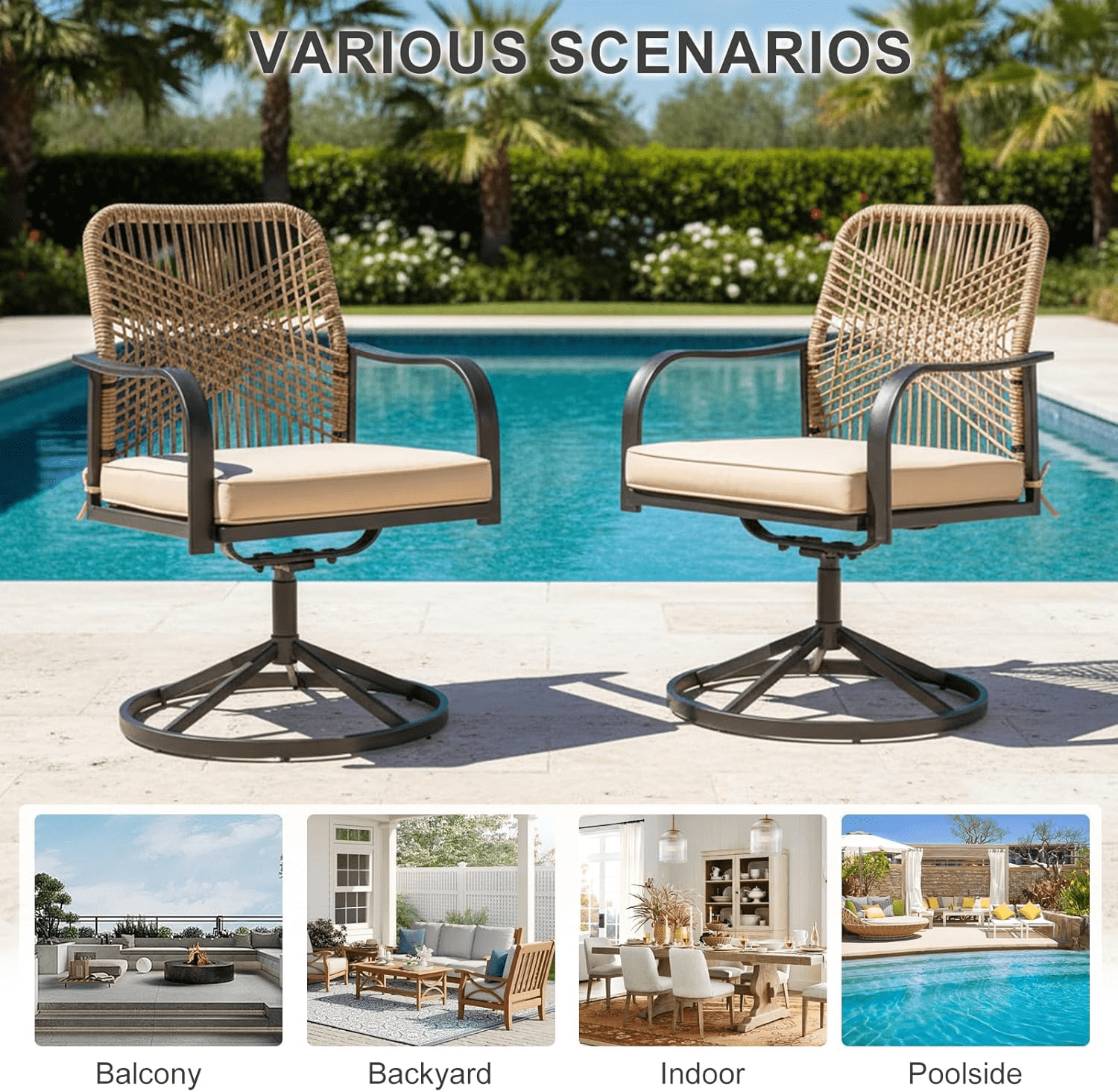 Patio Swivel Chairs Set of 4, Wicker Patio Dining Chair with Cushions and Metal Frame, Swivel Rocker Chair for Outside,Poolside,Lawn (Brown)
