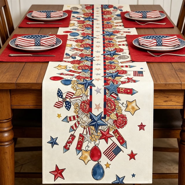 Aufmer Patriotic Festival Table Runner Set Star Firework USA Flag Printed Polyester Cloth Mat Combination For 4th Of July Dining Room Multi Scene Holiday Layout