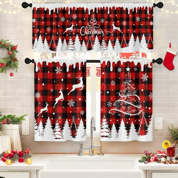 Merry Christmas Kitchen Window Curtains and Valances Set 36 Inch, Red Buffalo Plaid Xmas Tree Short Tier Curtain for Cafe Living Room Bathroom, Farmhouse 3 Pieces Set Kitchen Decor