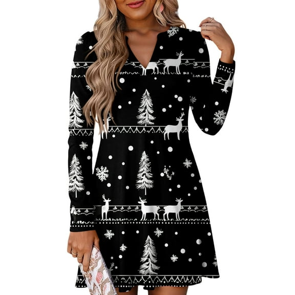 Women's Christmas Printed Dress Loose Fit V-Neck Casual Long Sleeze Holiday Party Dress, Flowy A-Line Vintage Style with Festive Pattern,Black,Size L