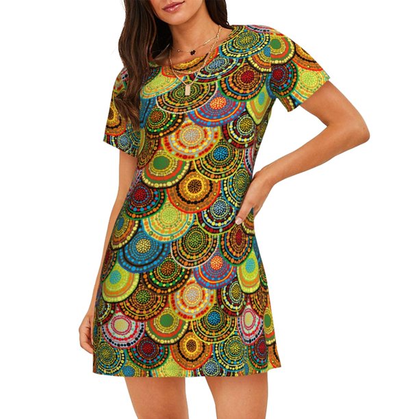Disketp Colorful Circle para Camisón Corto de Manga Corta para Mujeres, Camisón Cómodo con Escote Redondo, Bonito y Confortable