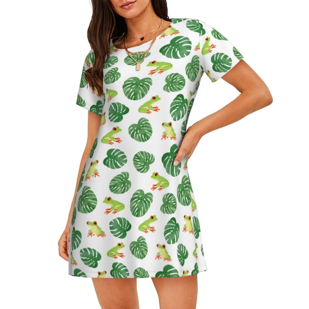 Fotbe Frogs And Tropical Leaves Bata de Dormir para Mujer con Estampado, Camisón de Algodón de Manga Corta, Ropa de Dormir Casual