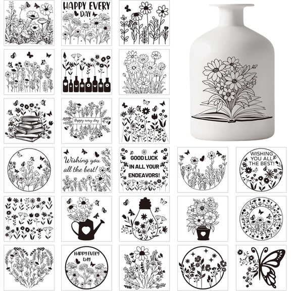 25 Sheets Flowers Silhouette Mason Jar Decals Stickers Daisies Butterflies Plastic Silhouette Wall Decals Stickers Adhesive Lantern Jar Sticker Window Lamp Decal Glass Art Home Decor