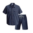 thumbnail image 3 of Cotton Men's Two Piece Sets Summer Lounge Sets Casual Short Sleeve Button Shirts and Elastic Waist Drawstring Shorts with Pockets Navy 2XL, 3 of 8