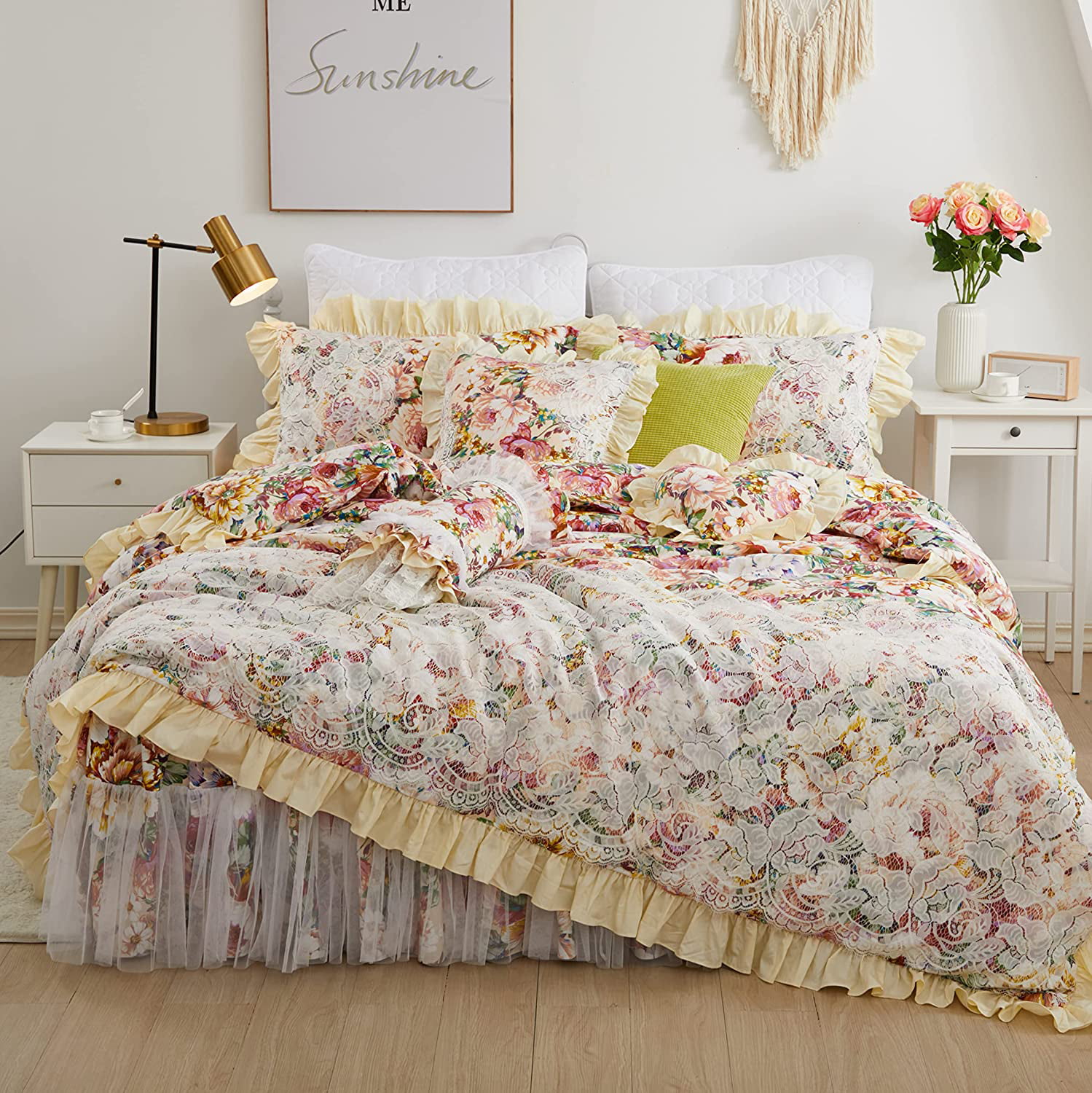 Queen FADFAY,Romantic Flower Print Bedding Set,Floral Bed Set,Princess Lace Ruffle Duvet Cover King Queen Twin,4Pcs