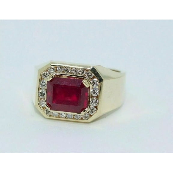 Men's Wedding Ring 14k Yellow Gold Finish 3CT Emerald Cut Lab-Created Red Ruby