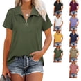 thumbnail image 4 of Camisas de color puro para mujer, blusa con cremallera y cuello en V, camisetas de manga corta con cuello en V hechas con cuidado, 4 of 6