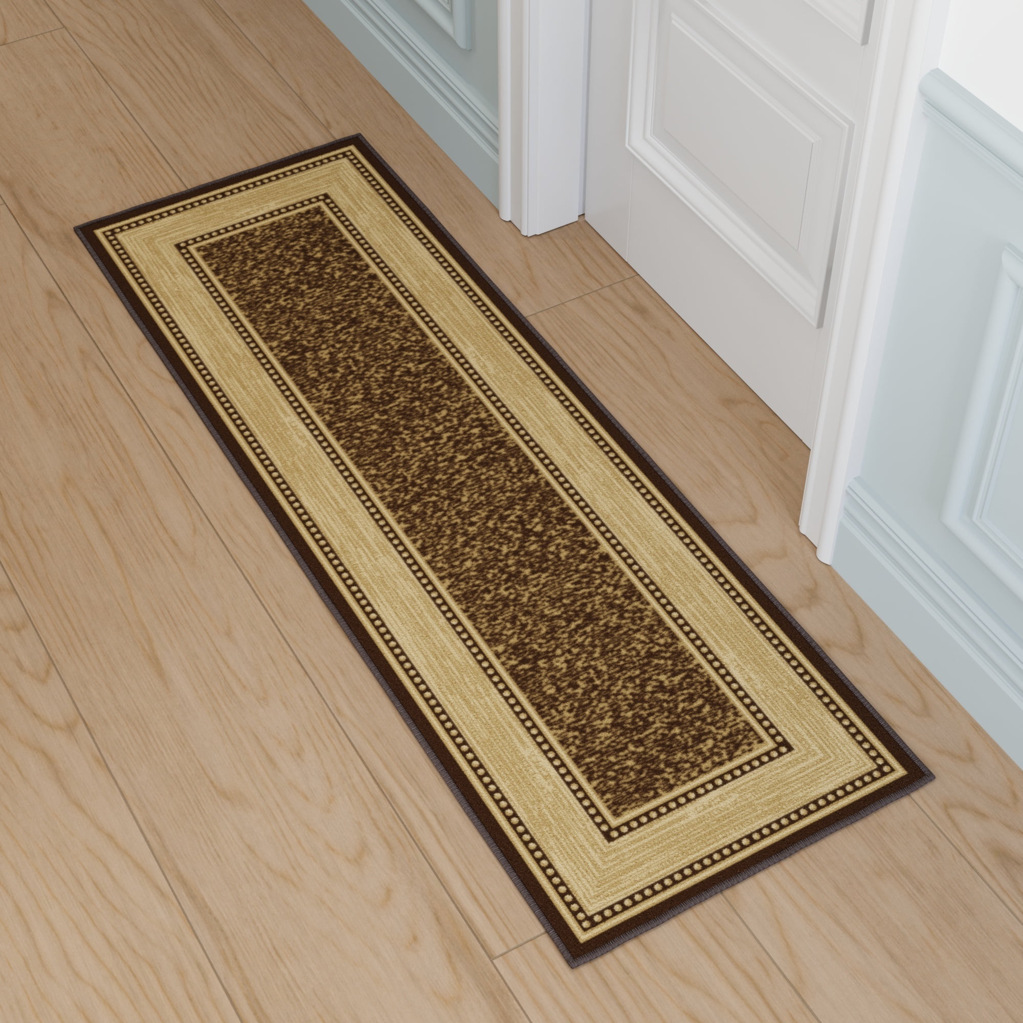 Ottomanson Border Bathroom Runner Rug 20" x 53" - Non Slip Low Pile Carpet, Brown