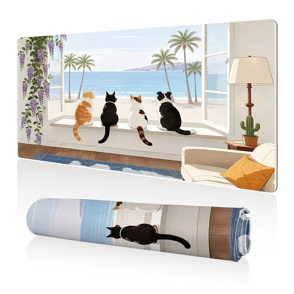 LIVEKEY Mouse Pad 80x40cm Extra Large Non Slip Stitched Durable Easy Clean Cats Window Seaside Palm Trees for Gaming Office