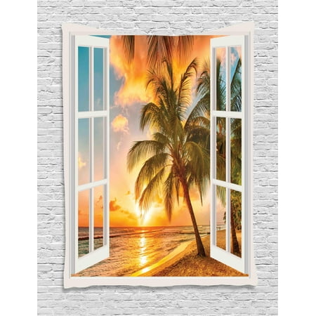 Wooden Tree Wall Art Beach Tapestry, Sea Ocean Palm Tree Sunset Scenery House Wooden Windows of Art Pictures, Wall Hanging for Bedroom Living Room Dorm Decor, Brown White Yellow Blue, by Ambesonne ()