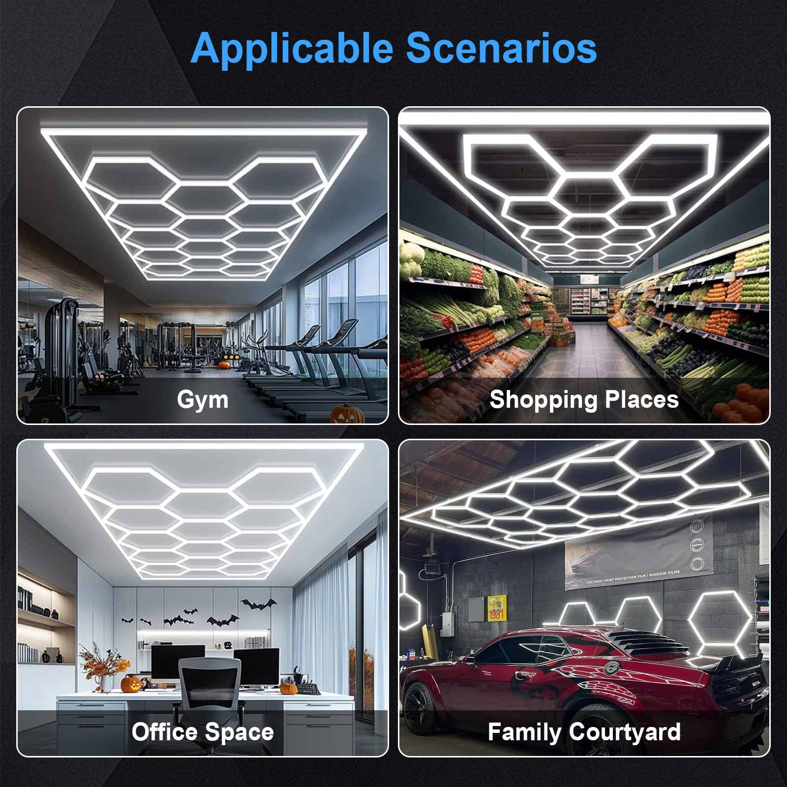 Hexagon Garage Light: Higher Brightness 720W 86400 Lumens Hexagon Led Garage Light with Rectangle Frame 6500K for Garage, Basement, Warehouse, Auto Beauty Shop, Car Detailing Shop etc