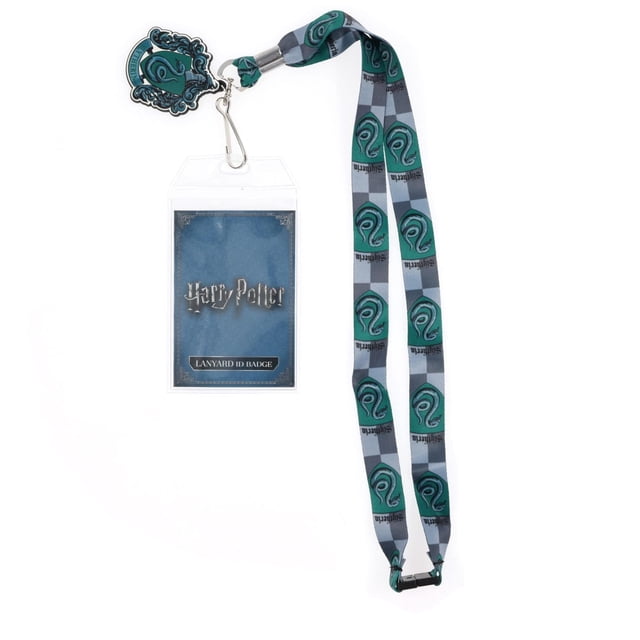 cordón para tarjetas de identificación slytherin harry potter silver buffalo cordón desmontable con patrón gris claro y oscuro y medallón con la serpiente del escudo de Slytherin; porta credencial transparente con clip metálico y hebilla de liberación, adecuado para trabajo, ferias y convenciones.
