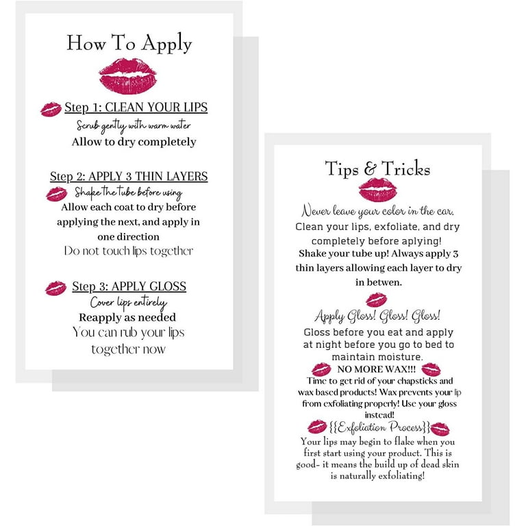 How To Apply LipSense/Tips and Tricks Cards 50 Pack Double Sided 2x3.5 how-to-apply-lipsense-tips-and-tricks-cards-50-pack-double-sided-2x3-5-inches-business-cards-application-instruction-card-white-with-red-lips-design-walmart-com
