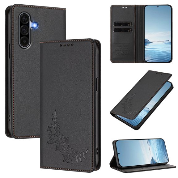 Floral Embossed PU Leather Flip Wallet Case for Samsung Galaxy S26,Magnetic Buckle Cover with Card Slots Cash Pocket RFID Blocking Shockproof Dropproof Kickstand&Wireless Charging, Black