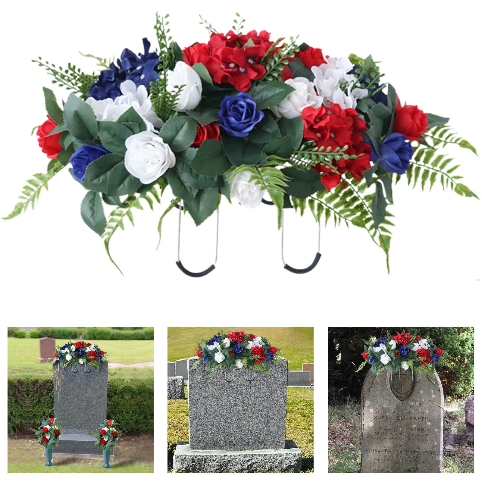 Cemetery Saddles for Headstones Patriotic Cemetery Saddle Flowers Red White and Blue Rose Arrangement with Flags, Artificial Memorial Floral Saddle for Gravesite Outdoor Decoration Durable Design