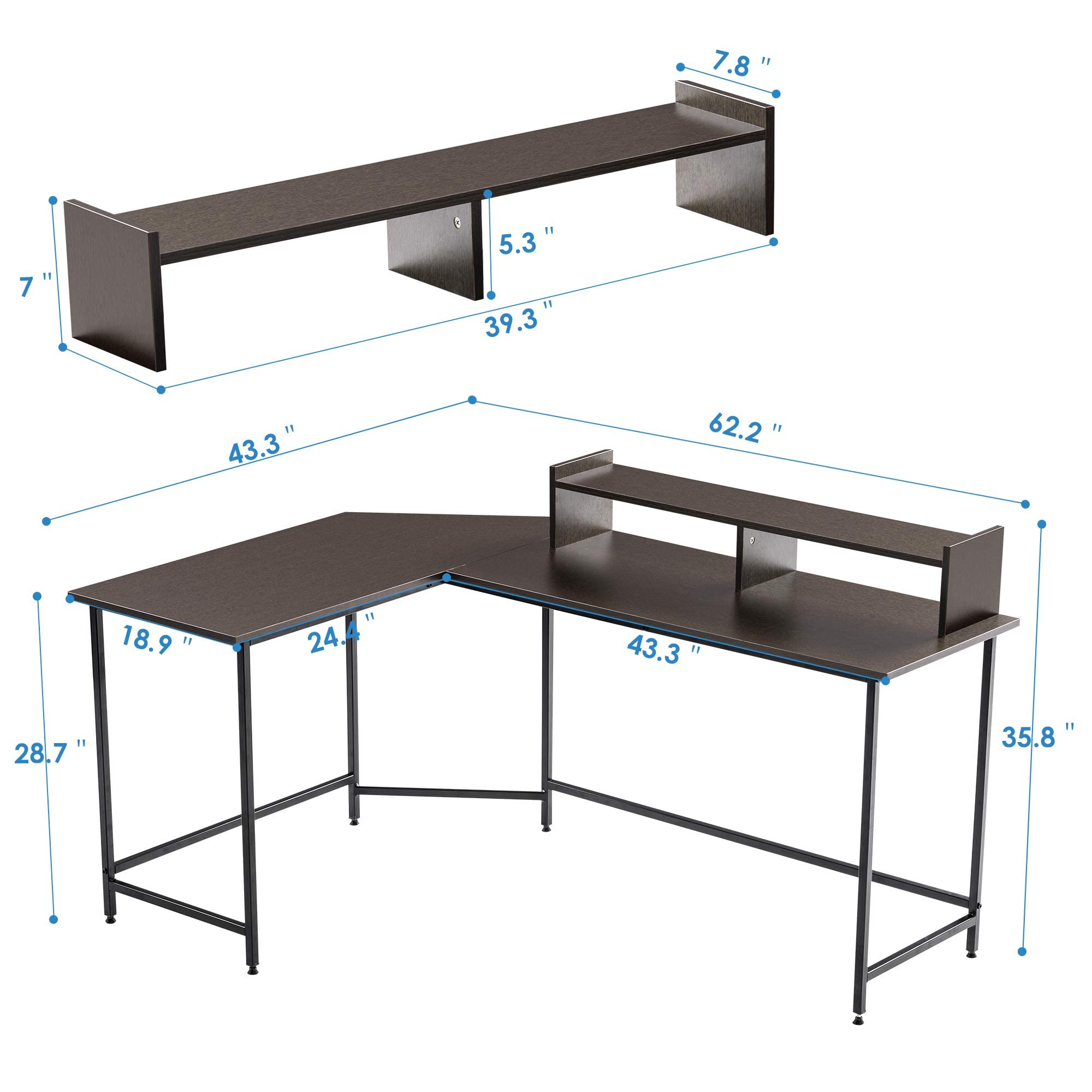 MCombo 62" L Shaped Computer Desk with Storage Hutch, Large Home Office Desk with Monitor Stand, Corner Desk for Living Room Bedroom, Dark Brown