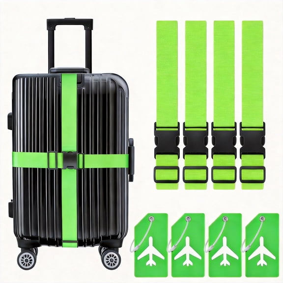 Adjustable Luggage Straps and Silicone Suitcase Tags Set 8 Piece Travel Security Belts with Name ID Card Fluorescent Green