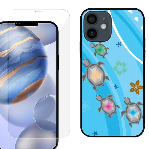 Slim-Fit Protective Phone Case (Black) compatible with iPhone 12 / iPhone 12 Pro, with Tempered Glass Screen Protector, by OneToughShield ® - Happy Turtle