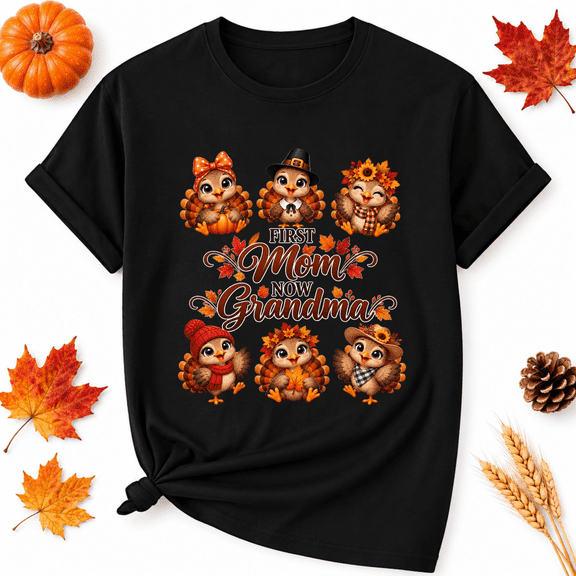 KeHetSoft First Mom Now Grandma Thanksgiving Cotton Graphic Women's T-Shirt