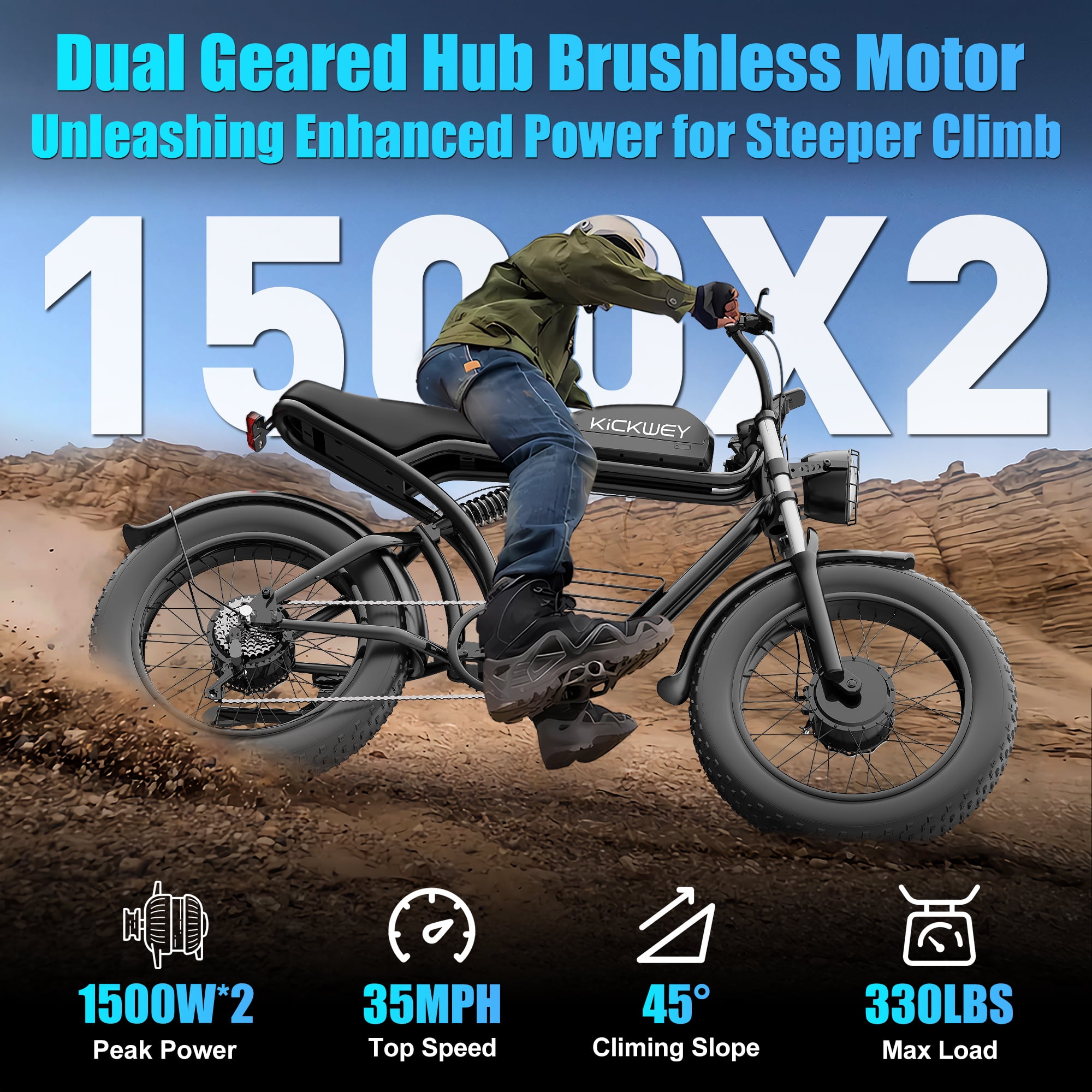 1500/3000W Electric Mountain Bike for Adults 20" Fat Tire Electric Motorcycle Dirt Bike 7-Speed E-Bike UL2849