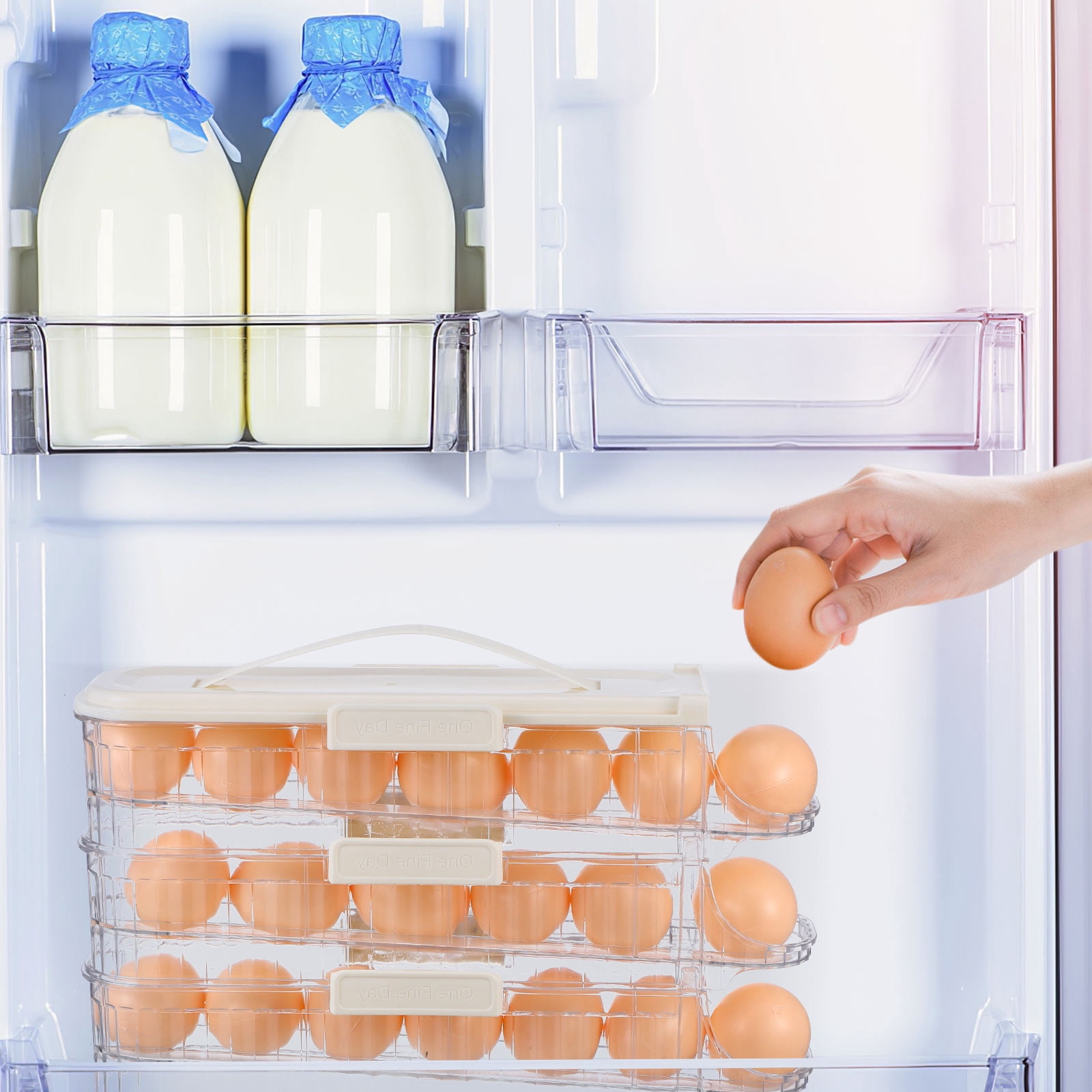 FOMIYES White Storage Box for Refrigerator with Rolling Dispenser and Portable Carry Handle, Kitchen Organizer