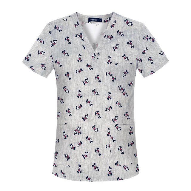 Ropa de algodón transpirable con estampado de dibujos animados, ropa de cuello en V con cepillo para manos, ropa de enfermera para mujer, ropa de trabajo para quirófano de manga corta para