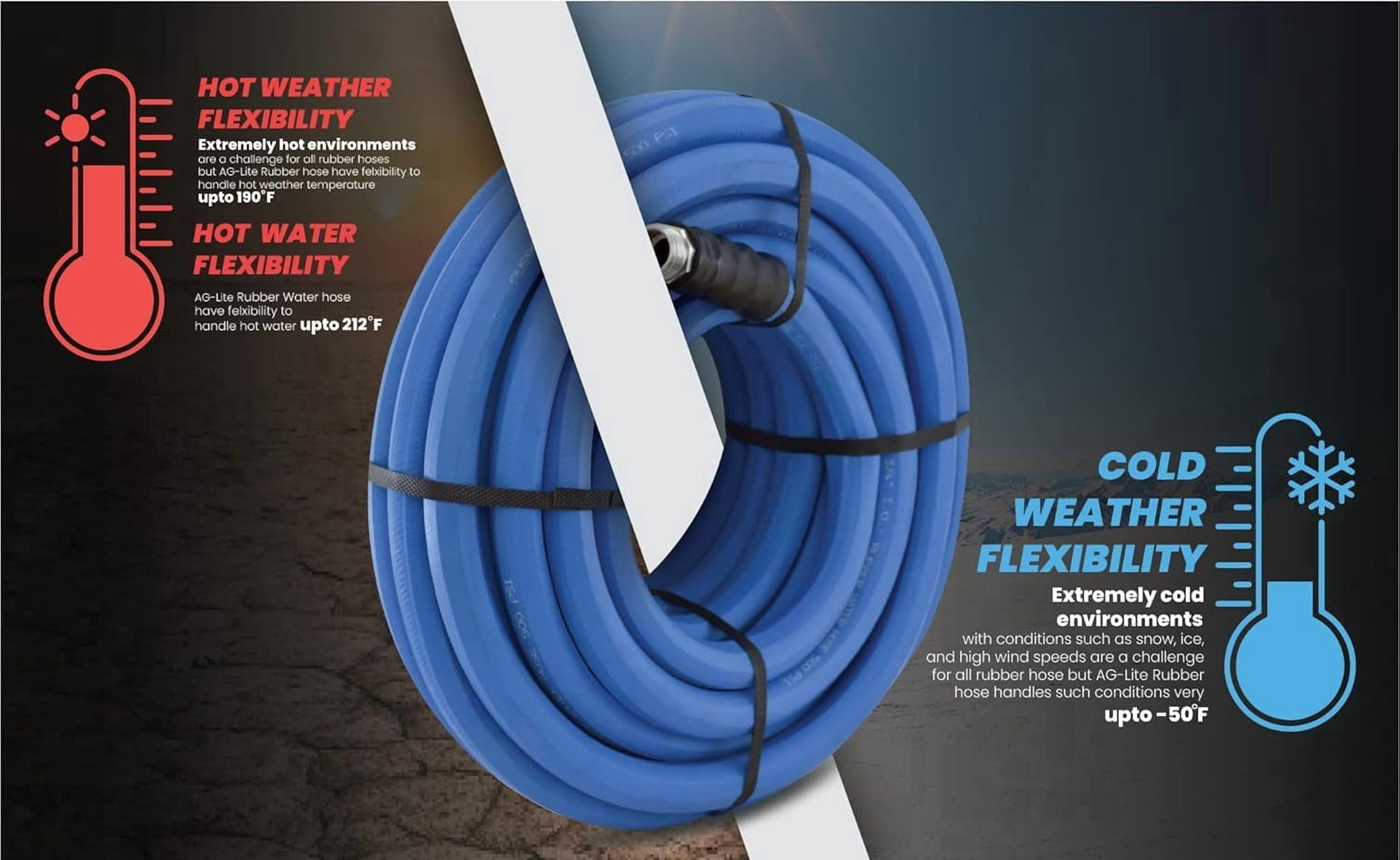 AG-Lite 5/8" x 100 ft Irrigation Hose, 100% Rubber, 500 PSI, Agriculture Grade, Lightweight & Flexible, 3/4" GHT Brass Fittings, Hot & Cold Water Use, Kink Resistant, 10-Year Warranty
