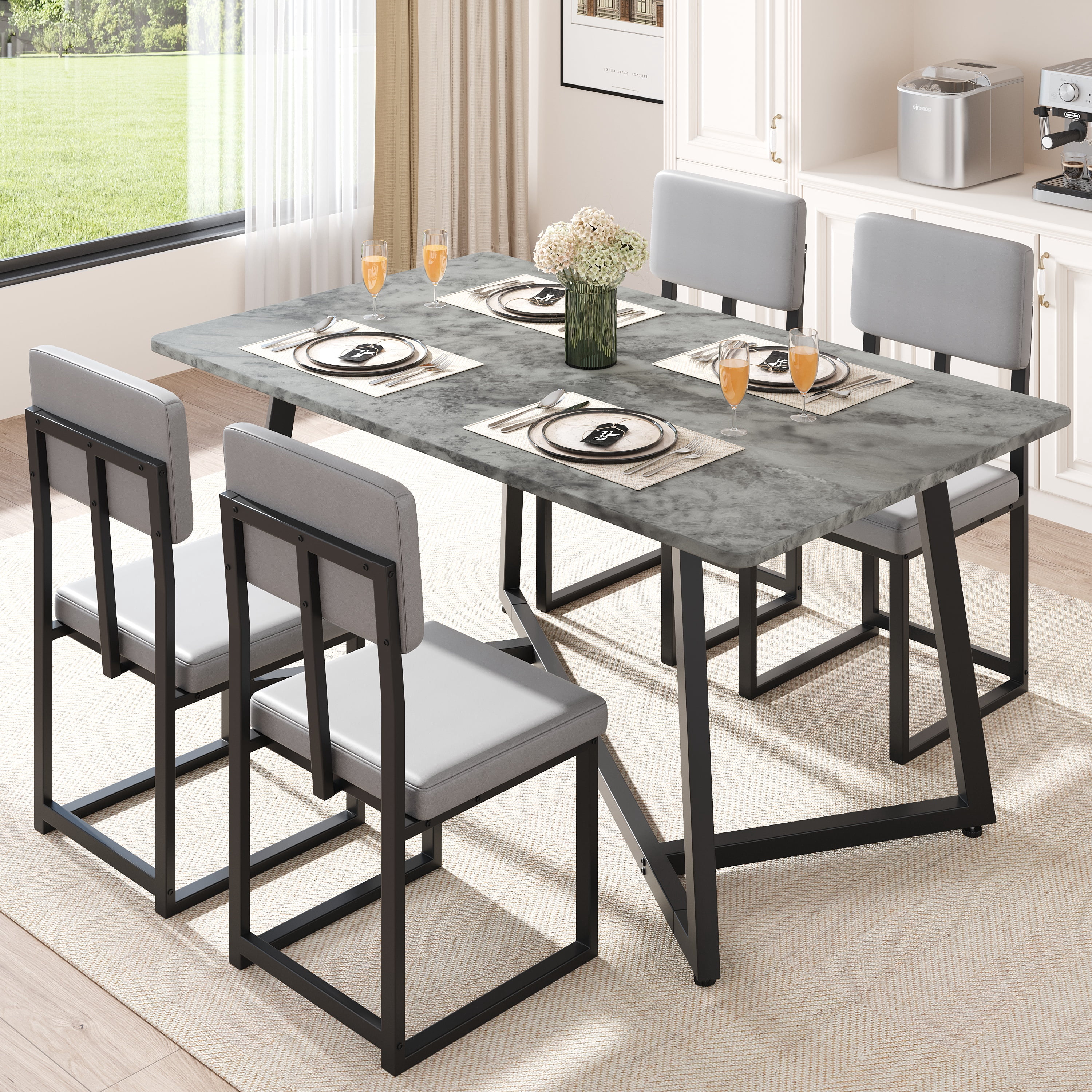 PAPROOS Dining Table Set for 4, 5 Piece Dining Room Table Set with Faux Marble Top and Leather Upholstery Chairs, Modern Dinette Sets for Breakfast Nook, Kitchen Table and Chairs Set, Gray