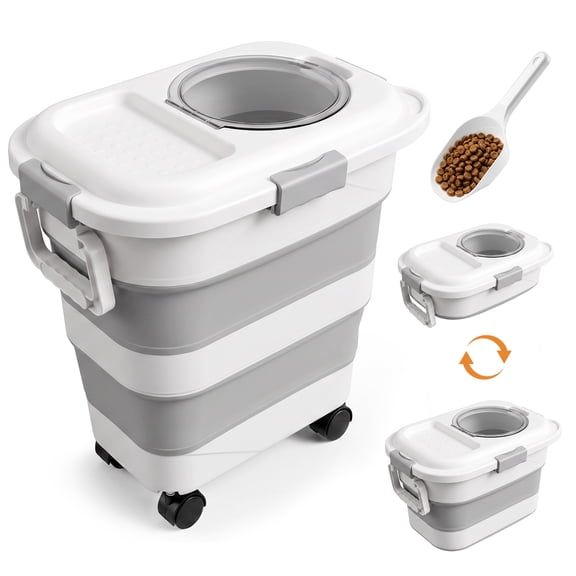 Collapsible Pet Food Storage container 50 lb, Airtight Lid, Wheels and Scoop