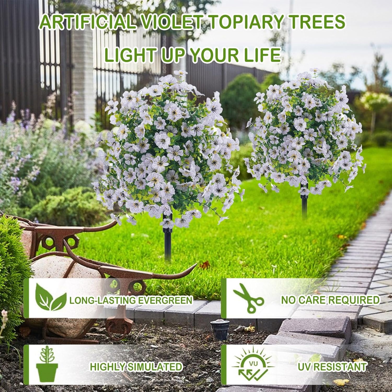 23in Artificial Violet Ball Topiary Trees with Ground Spikes, 1 Pack Fake Artificial Bushes Plants,Faux Artificial Shrubs Tree for Indoor Outdoor Front Porch Decor (MC)