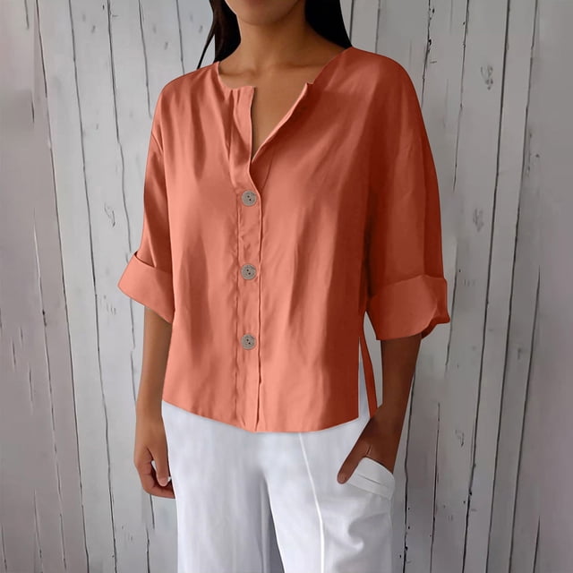 mfyjkho Tops Para Mujer, Blusa Holgada De Lino Con Cuello En V, Manga Tres Cuartos Y Botones Decorativos Para Mujer. Tops De Tallas Grandes Xxl