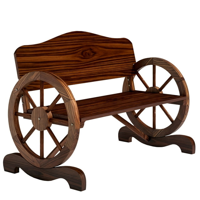 Outsunny Wooden Outdoor Bench, Wagon Wheel Patio Loveseat, Carbonized