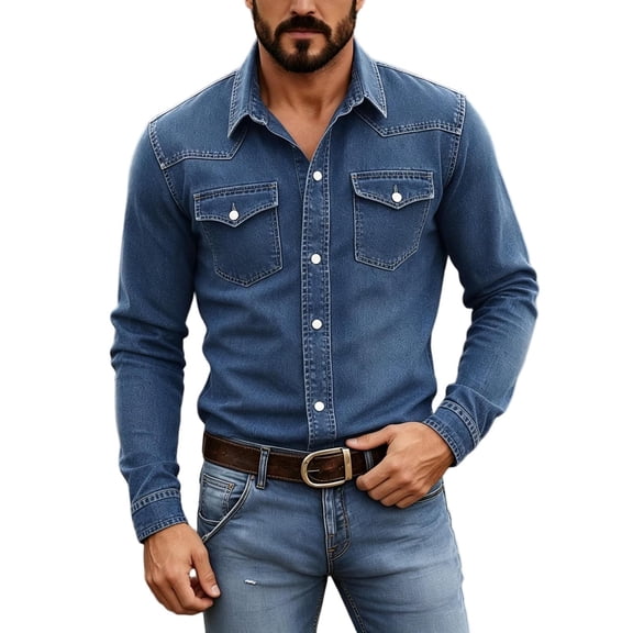 Fwqbns Men's Western Button Down Long Sleeve Denim Shirt, Lightweight Stretchy Fabric, Casual & Outdoor Wear, Available in Multiple Colors