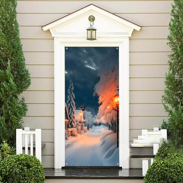 BKER 90x200cm Winter Snow View Door Frame Snow View Background Door Frame Christmas Party Curtain Background Cloth Porch Decoration For Winter Party Decoration