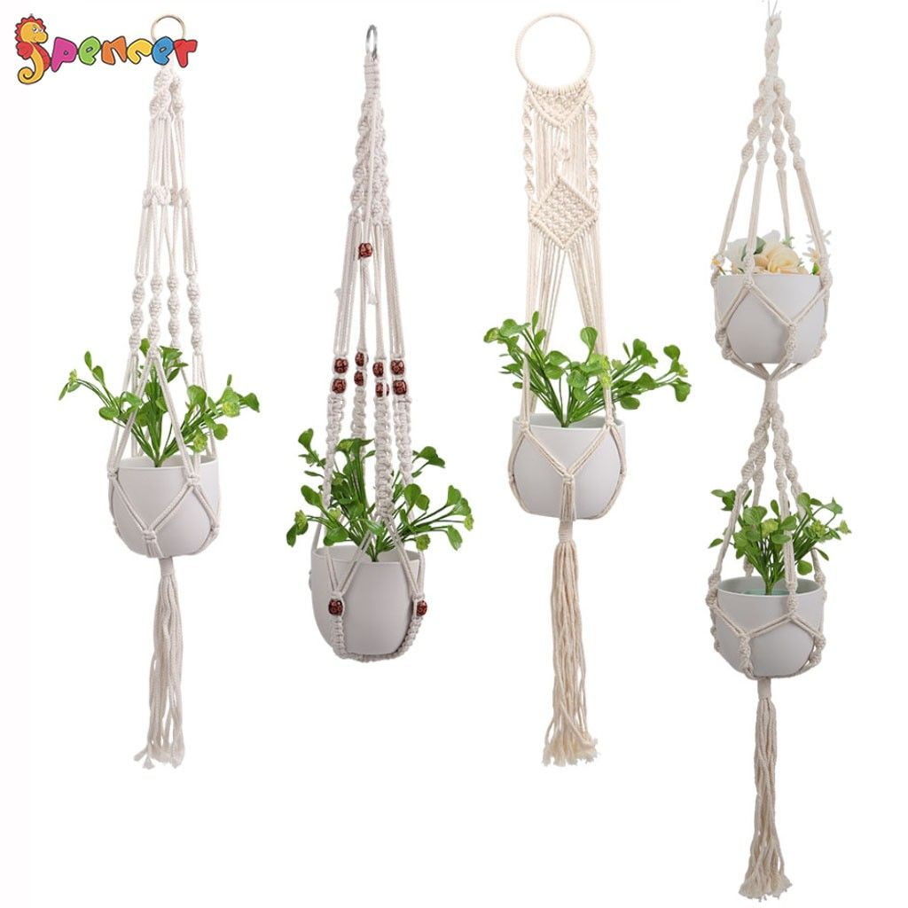 Macrame Cotton Hand Woven Plant Hanging Basket For Indoor Flowers Wall Ceiling 