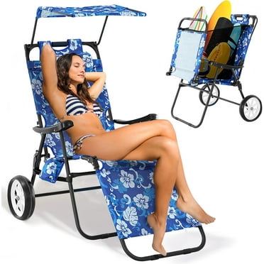 NAIZEA Beach Chair with Canopy Shade, Folding Beach Cart Chair w/Wheels, Outdoor Recliner Patio Lounge Chairs for Camp, Tailgates, Fishing - Support 400 LBS