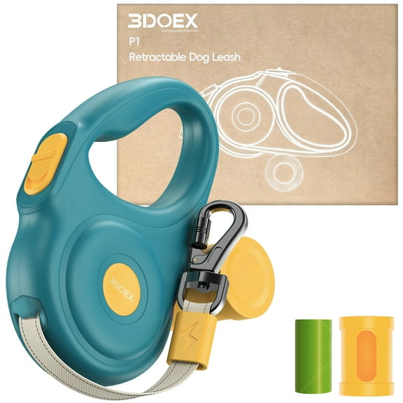 3DOEX Retractable Dog Leash 10ft, Heavy-Duty Nylon Rope with Poop Bag Dispenser, Explosion-Resistant Carabiner, Anti-Slip Handle for Pets, Green