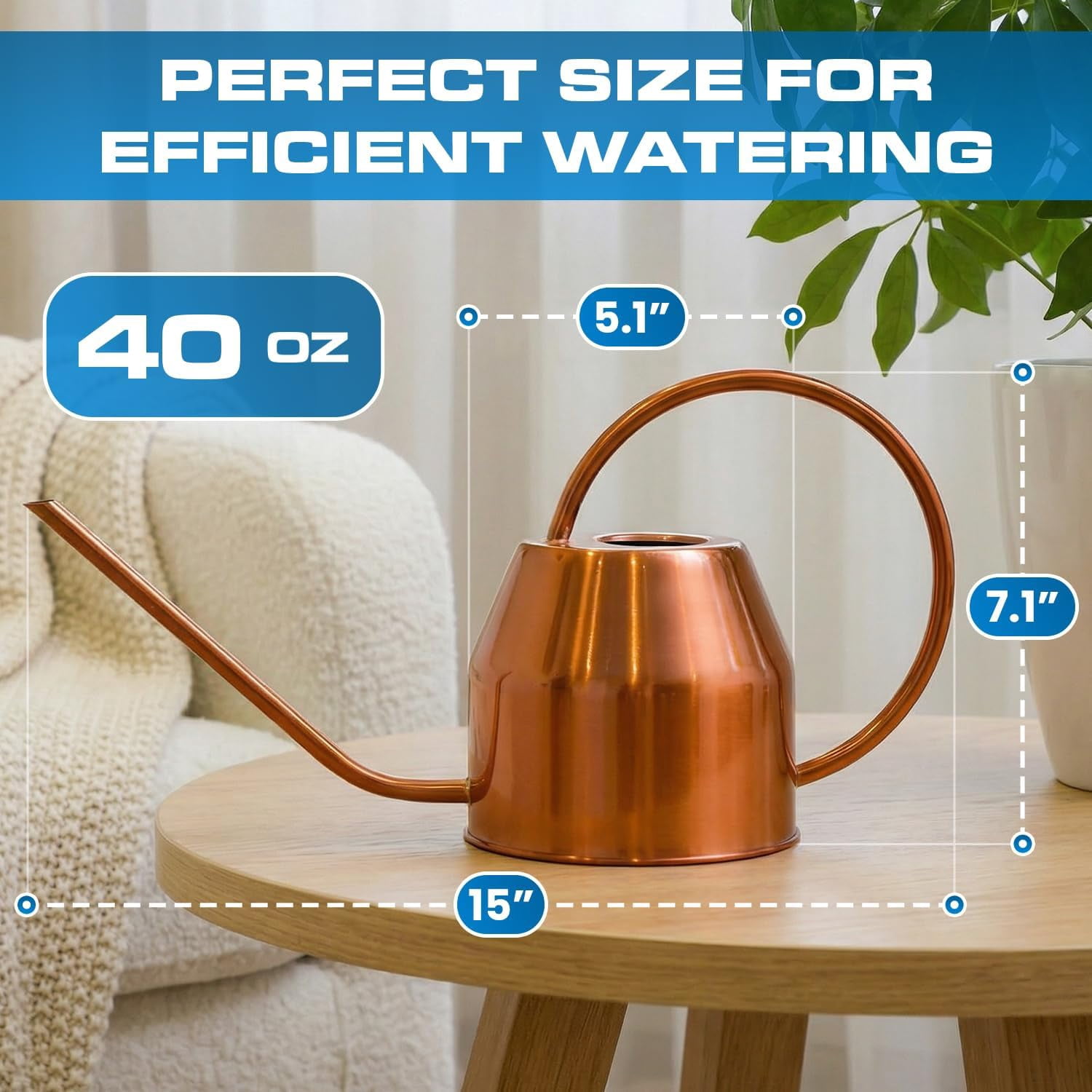Plexon Rose Gold Metal Watering Can Indoor Plants 40 oz, Stainless Steel Long Spout Watering Can Outdoor House Plant Flower, Garden