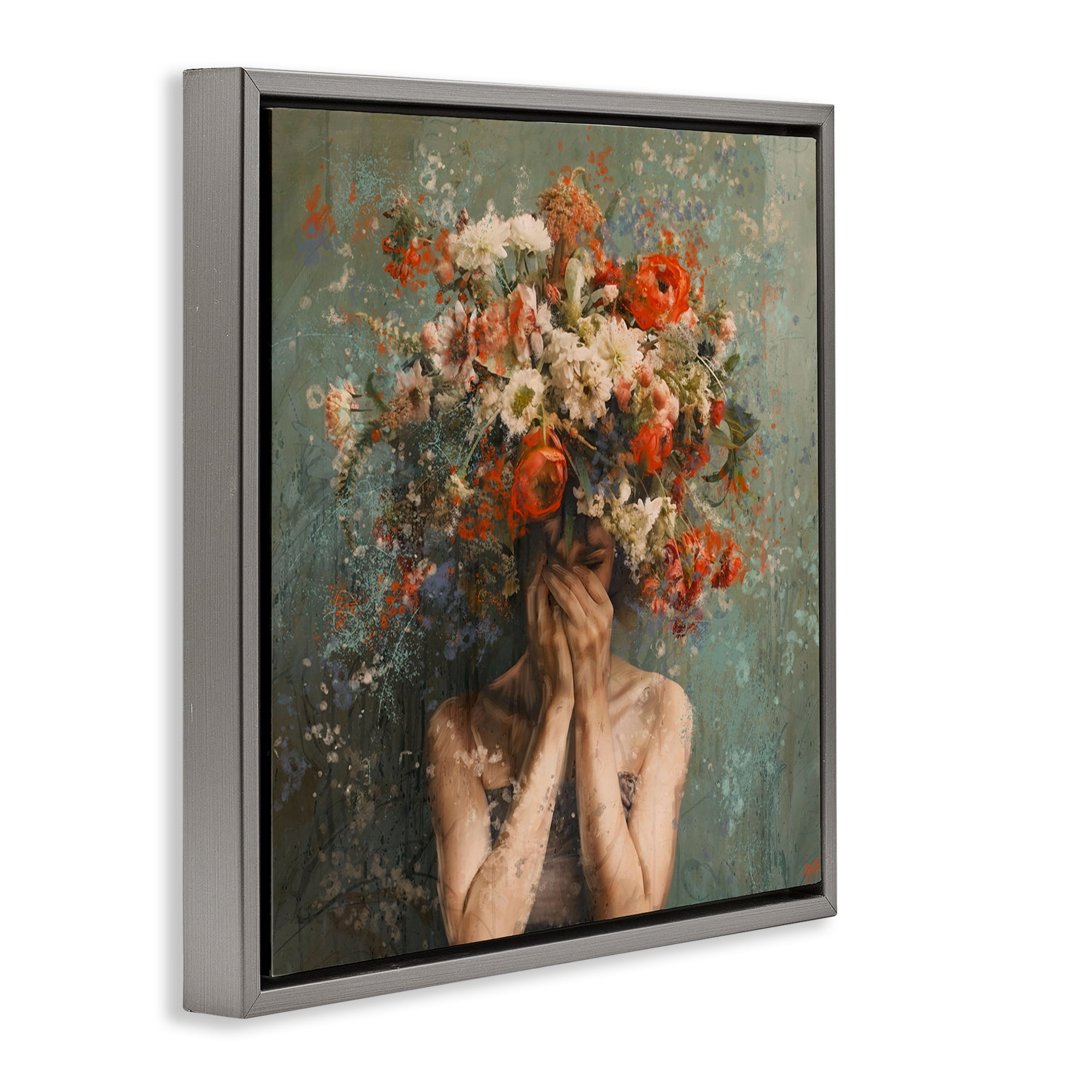 Stupell Industries Floral Figure Portrait Floral & Botanical Painting Gray Floater Framed Canvas Art Print Wall Art, 25 x 25