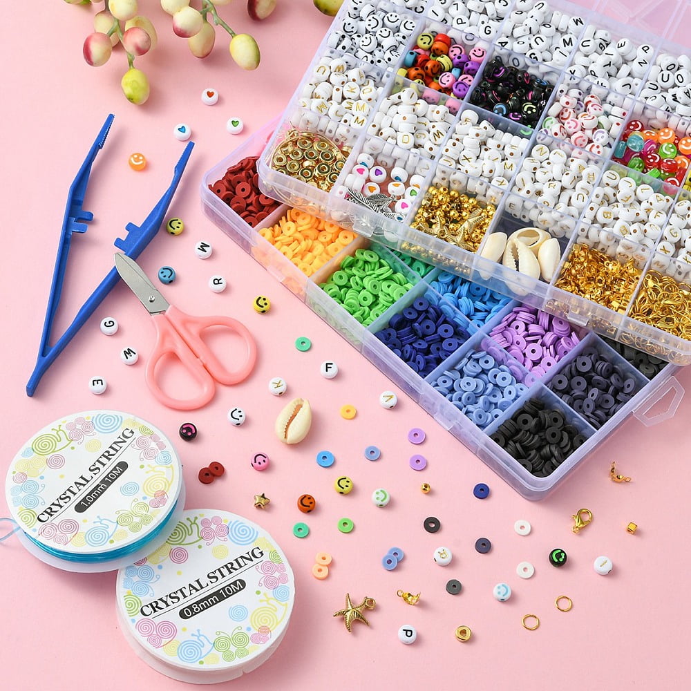 DIY Bracelet Making Kit Including Face Letter Acrylic Polymer Clay Disc Plastic Natural Shell Beads Brass Hoop Earring Findings Leaf Starfish Alloy