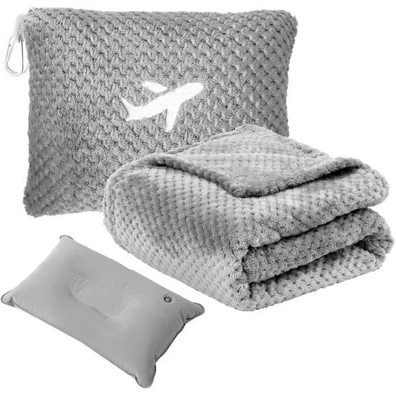 Travel Blanket Airplane Compact with Bag, Travel Essentials 3 in 1 Packable Airplane Blanket, Travel Pillow and Blanket Set, Inflatable Pillow, Luggage Sleeve & Backpack Clip (Light Grey)