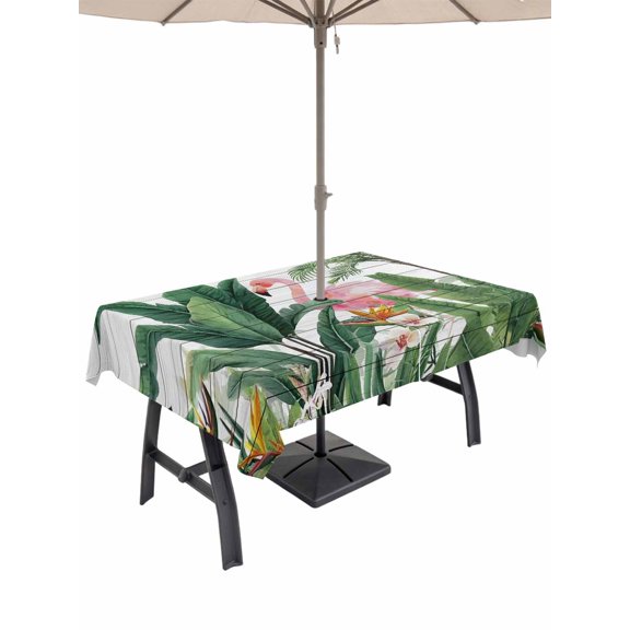 Outdoor Tablecloth with Umbrella Hole for Patio/Picnic/Party/Camping, Tropical Palm Trees Waterproof Table Cloth Rectangle Table Cover Washable, Green Botanical Summer Flowers Vintage (52"x 70")