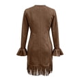 thumbnail image 6 of Lmueinov Plus Size Women's Mini Dress Suede Ruffle Long Sleeve Dress with Fringe Hem V-Neck Button Down Casual Outfit for Women, 6 of 7