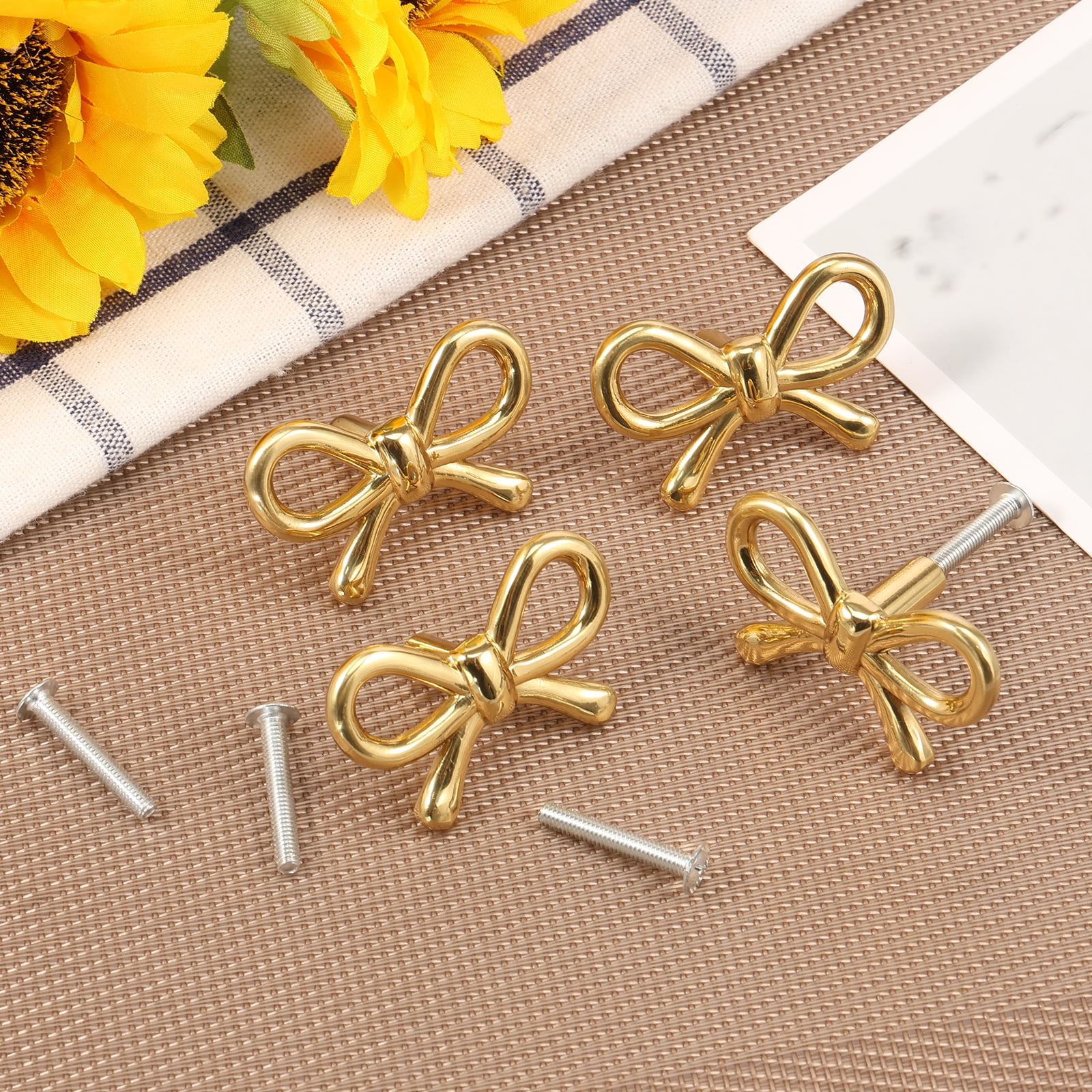 2/4/6 Pcs Bow Shape Drawer Knobs Gold Brass Cabinet Pulls with Screws Decorative Cupboard Handles for Dresser Wardrobe Drawer Cabinet